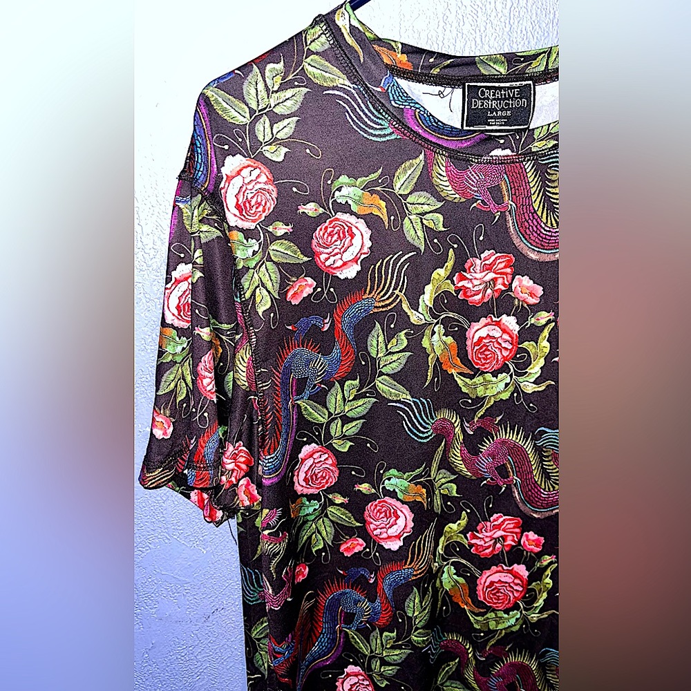 Creative Destruction Dragon and Floral Patterned Long Tee Size Large
